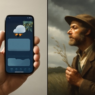 A split photo of a weather forecast of 2026 - high tech on phone with radar vs … (Meme) — Comic style