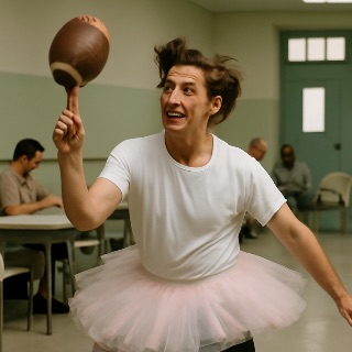 A meme like the Jim Carrey in the mental hospital wearing a tutu and spinning a… (Meme) — Photoreal style