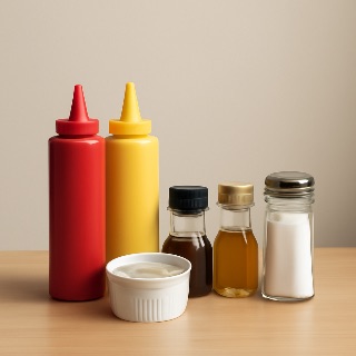 A bunch of condiments on a table? (Meme) — Photoreal style