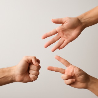 3 hands playing rock paper scissors (Meme) — Photoreal style