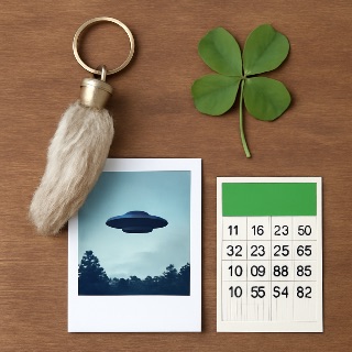 A bunch of lucky items like a rabbits foot four leaf clover, alien spotting, lo… (Meme) — Photoreal style