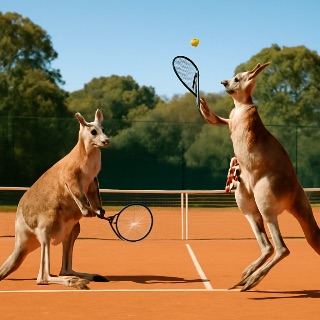 Two kangaroos playing tennis on a clay court in an area one kangaroo serving wi… (Meme) — Photoreal style