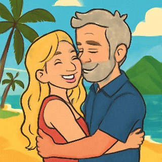 Loving couple in Maui blonde girl gray haired man (Meme) — Cartoon style