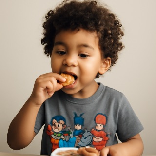 Cute curly haired black / tan / mixed boy eating nuggets with a DC comic shirt … (Meme) — Photoreal style