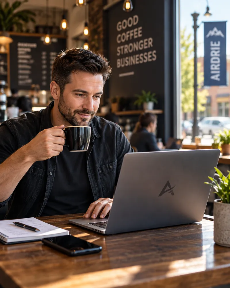 Local Airdrie business owner smiling in a coffee shop