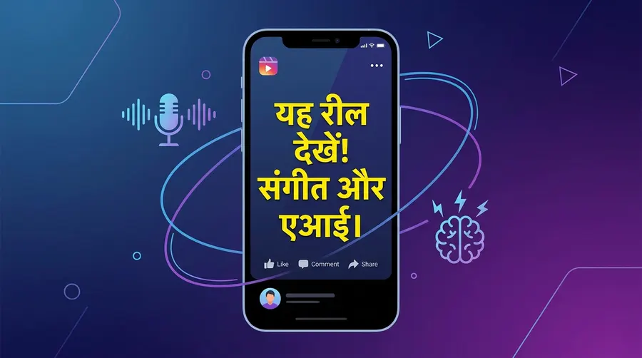 Modern flat illustration of a smartphone displaying Devanagari auto captions on an Instagram Reel.