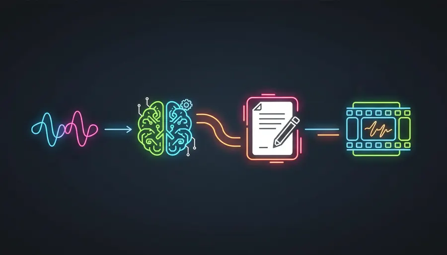 Abstract workflow diagram showing audio transcription, AI correction, and video rendering.