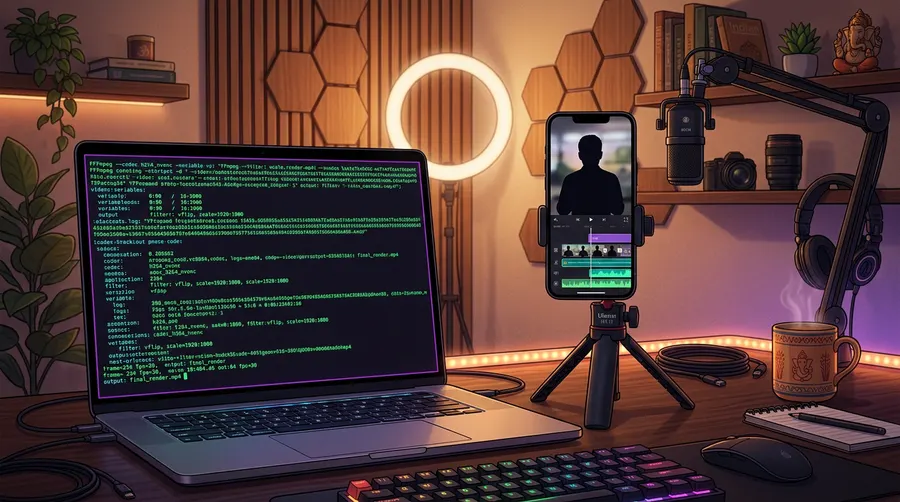 A laptop screen showing video editing code and a smartphone on a tripod with vertical video timeline