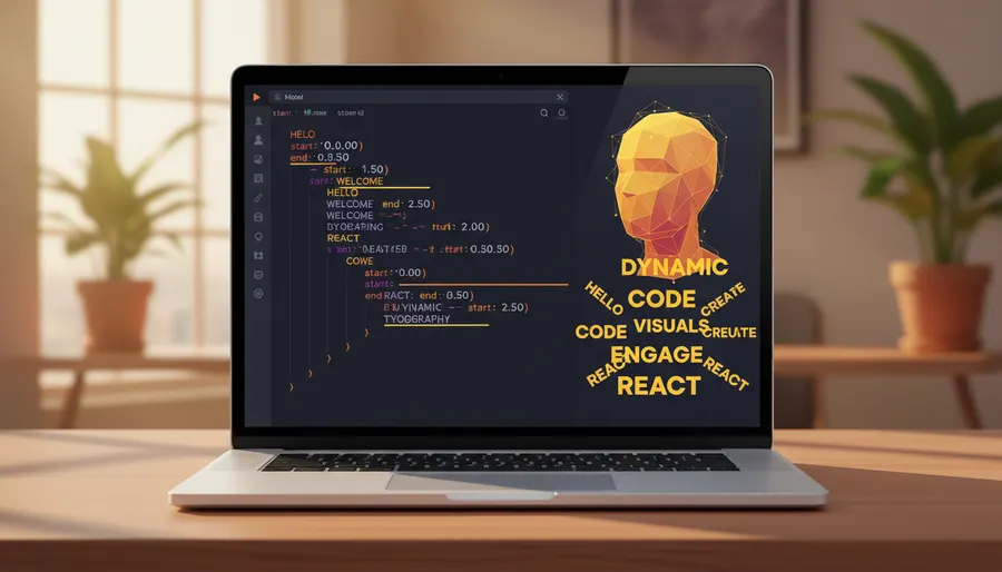 React code on a laptop screen with dynamic vertical video captions preview