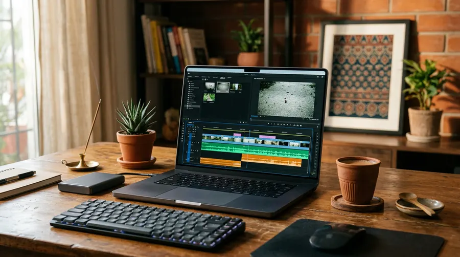 A laptop showing video editing software on a desk with a cup of tea
