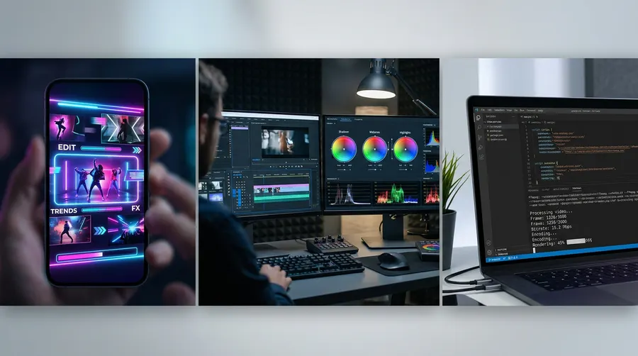Visual representation of CapCut, Premiere Pro, and Claude Code-based video editing workflows