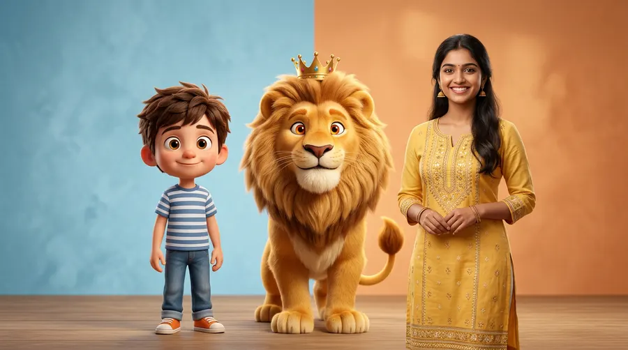 Three fictional AI characters: a cartoon boy, a friendly lion, and a young Indian woman side-by-side.