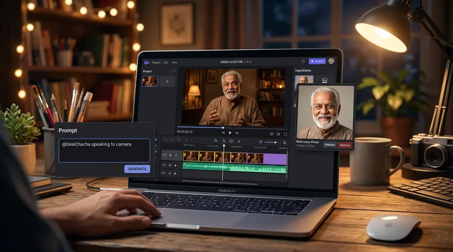 A conceptual illustration of an AI filmmaking workspace interface showing character reference tools.