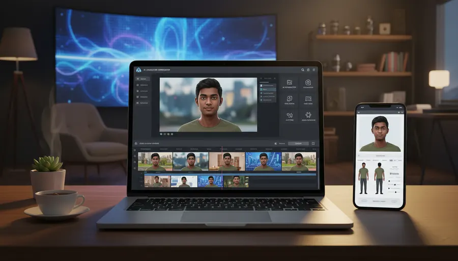 A laptop and smartphone displaying Google Flow's consistent character creation workspace with an Indian man character.