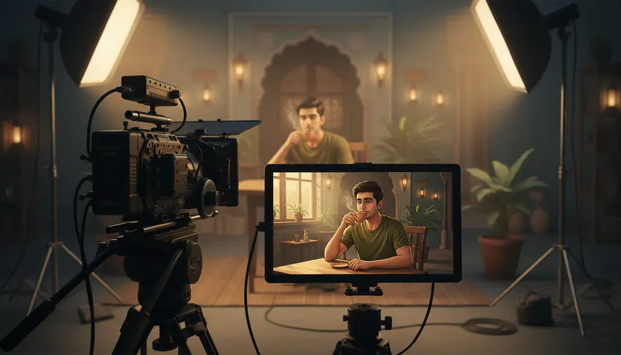 A camera filming a consistent Indian character inside a cozy Mumbai cafe scene in Google Flow.