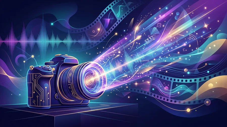 AI filmmaking and native audio generation concept art with camera lens and sound waves