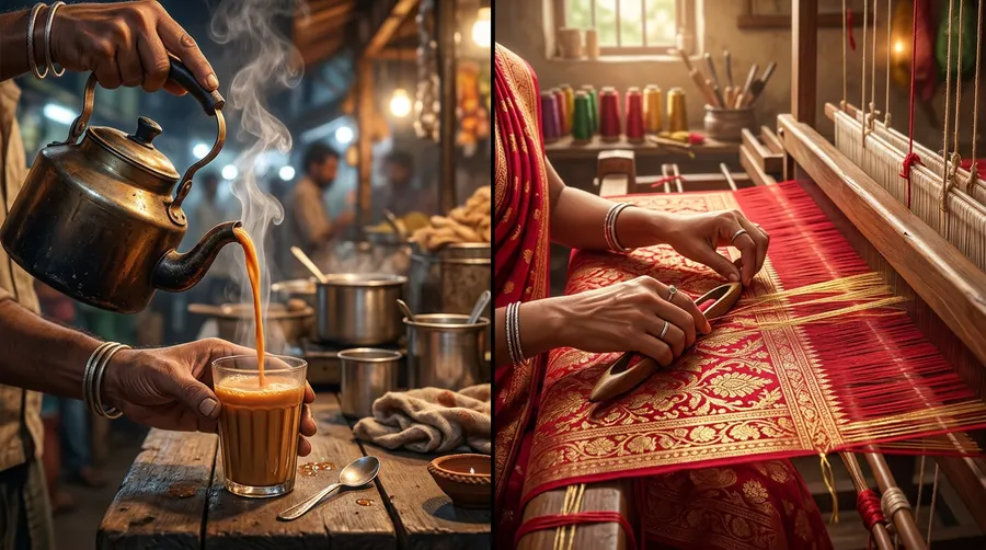 Cinematic visual examples of Indian tea vendor and saree weaving in Google Flow