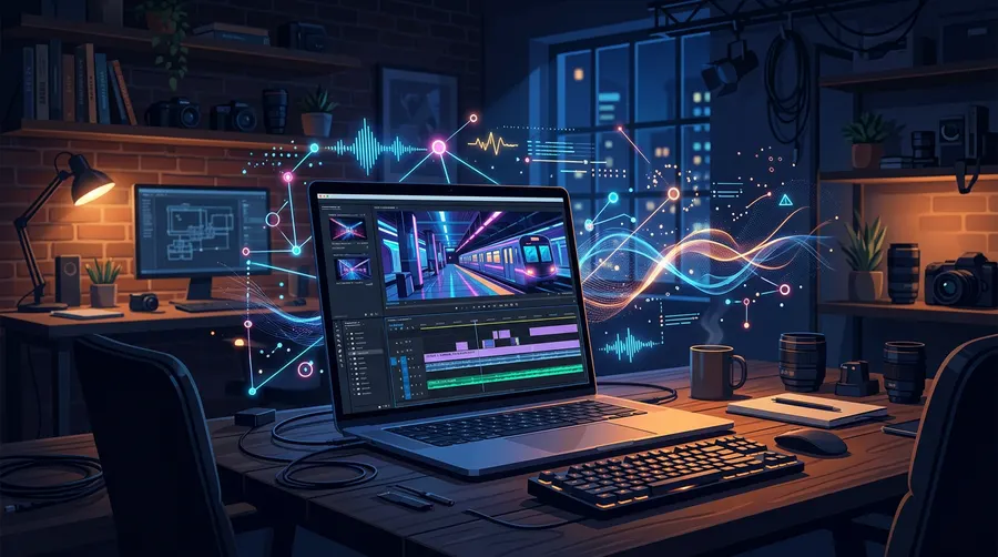 A creative workstation showcasing AI video editing and generation workflow