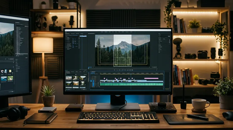 Video editing workstation reframing a 16:9 video to a 9:16 vertical format with safe zone overlays