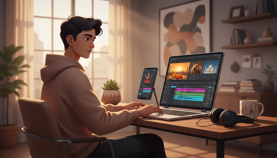 An Indian content creator editing AI generated videos on laptop and phone