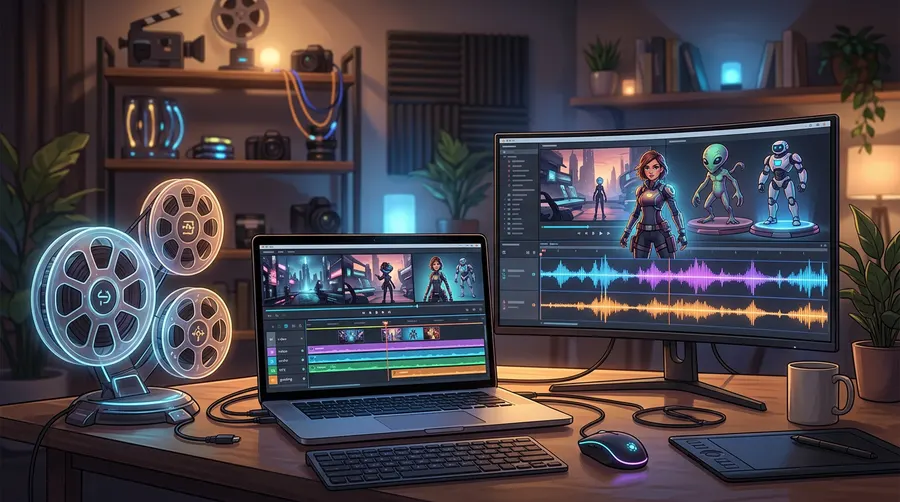 Google Flow AI filmmaking workspace with video timeline and audio waveforms
