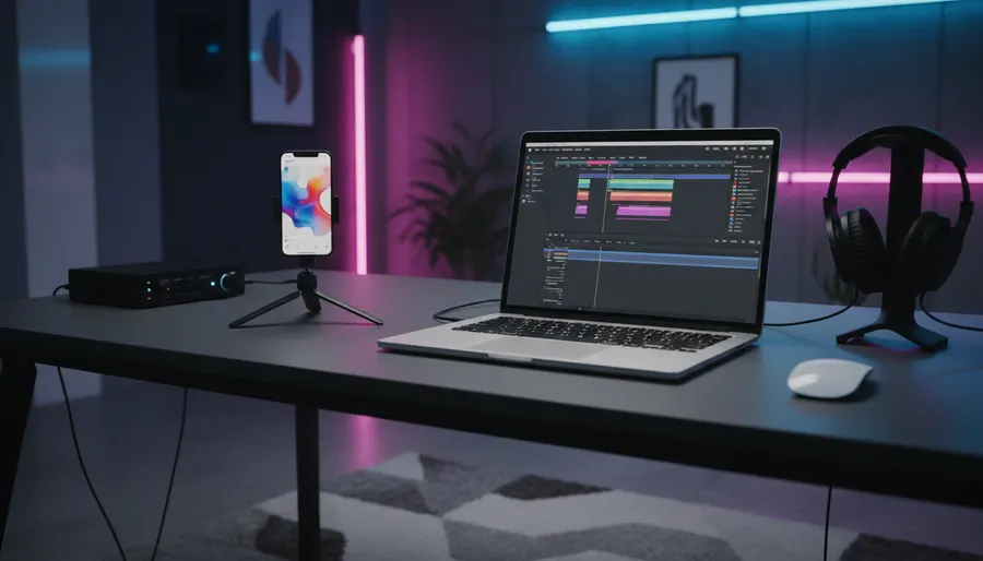 A modern home studio setup displaying a vertical reel editing timeline on a laptop and smartphone.