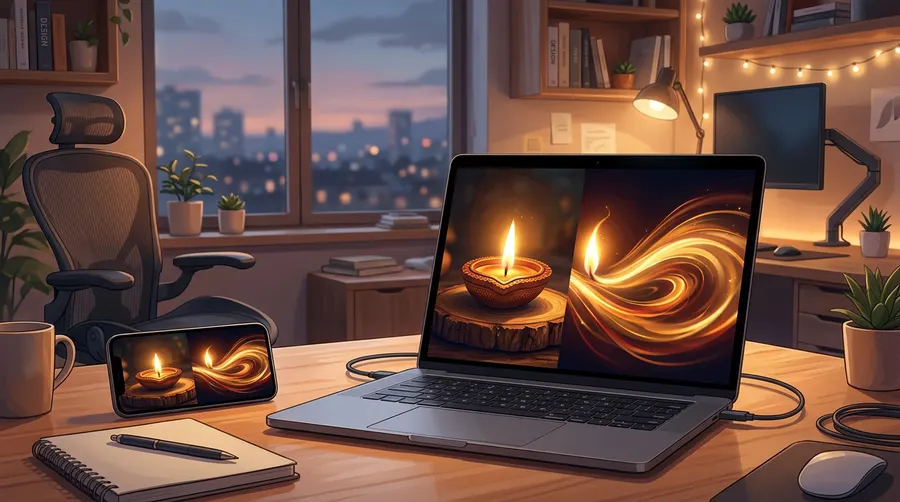 An illustration showing a photo of a diya being animated into a moving video on a laptop screen.