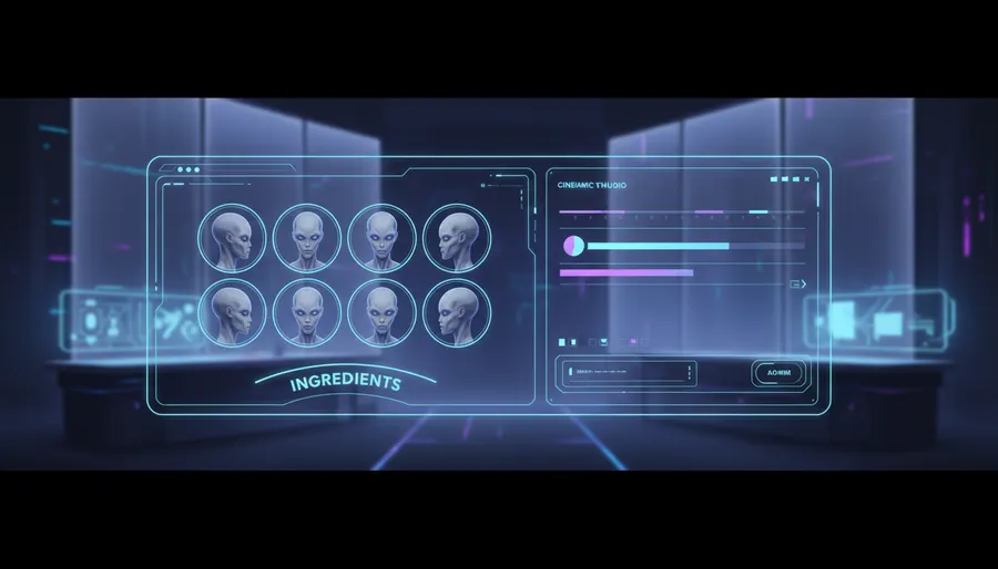 An illustration of an AI creative studio interface showing character ingredients and video timeline.