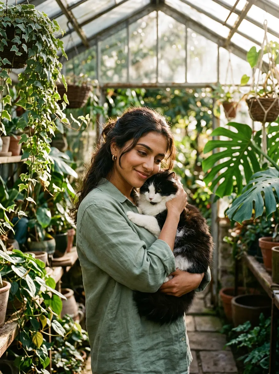 Sunlit Greenhouse Hug — AI photo sample made with Gemini