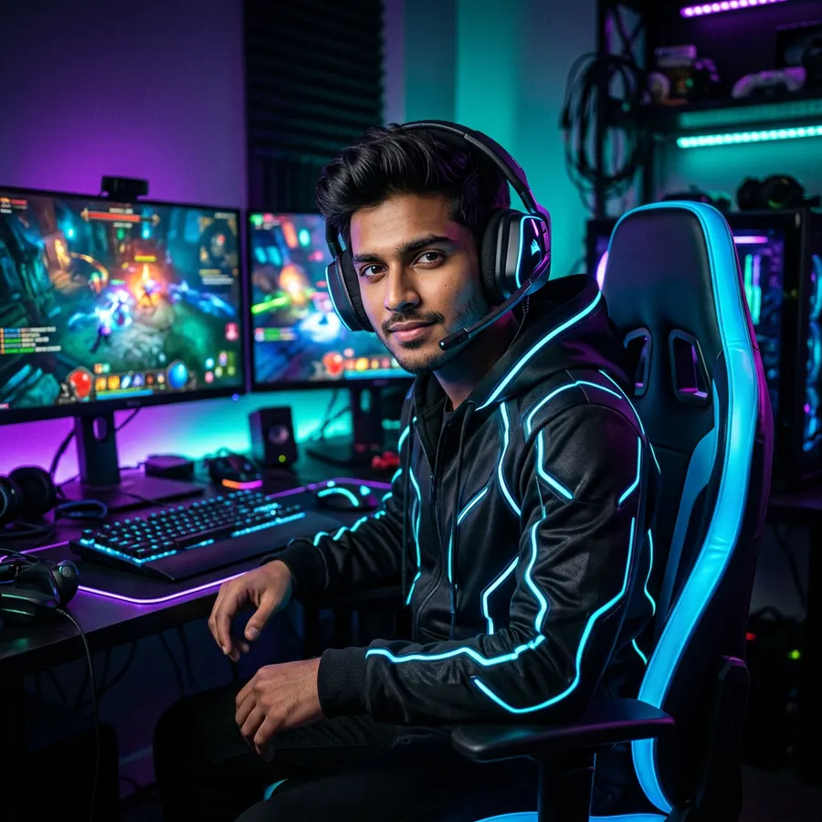 Cyberpunk Neon Tech Gamer — AI photo sample made with Gemini