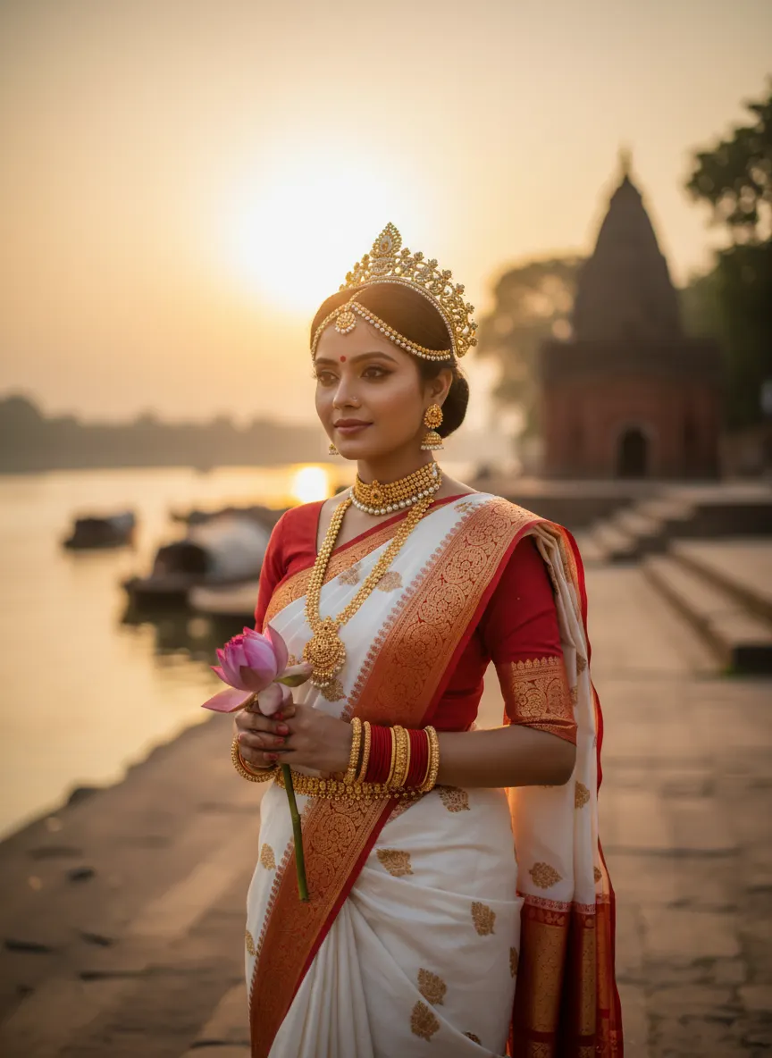Traditional Ghat Sunset Bride — AI photo sample made with Gemini