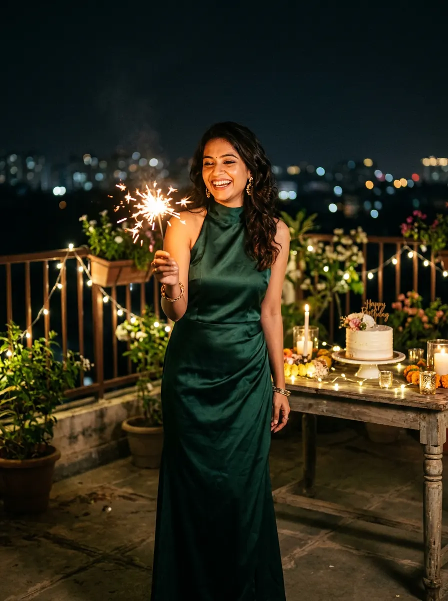 Dreamy Midnight Terrace Party — AI photo sample made with Gemini
