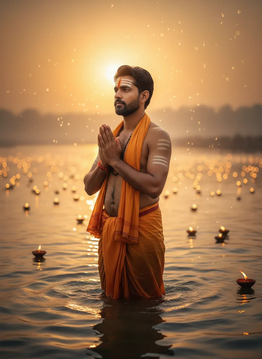 Dhoti-Clad Sunset Arghya Ritual — AI photo sample made with Gemini