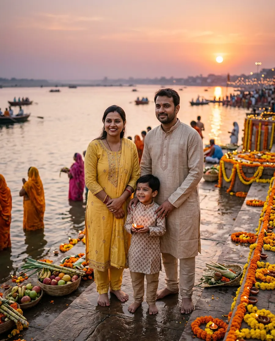 Blessed Family Ghat Sunset — AI photo sample made with Gemini