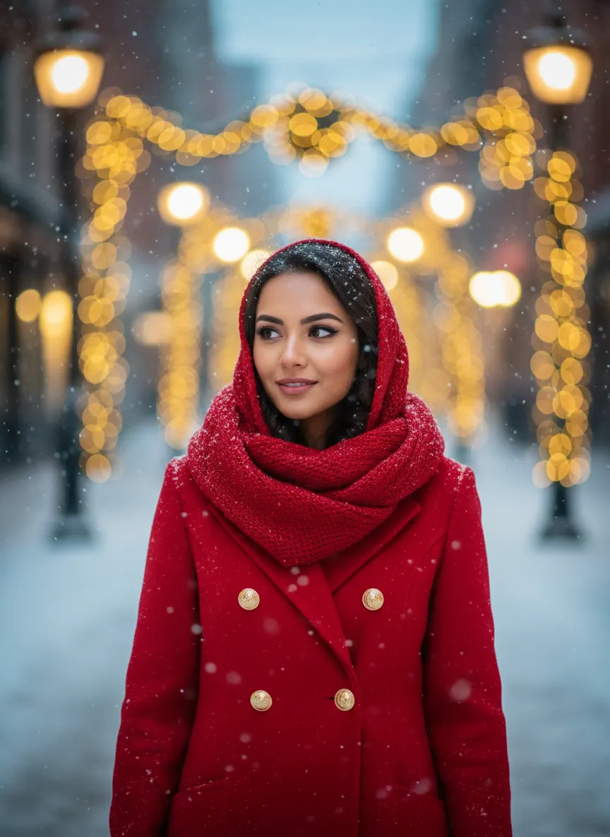Festive Snowfall Street — AI photo sample made with Gemini