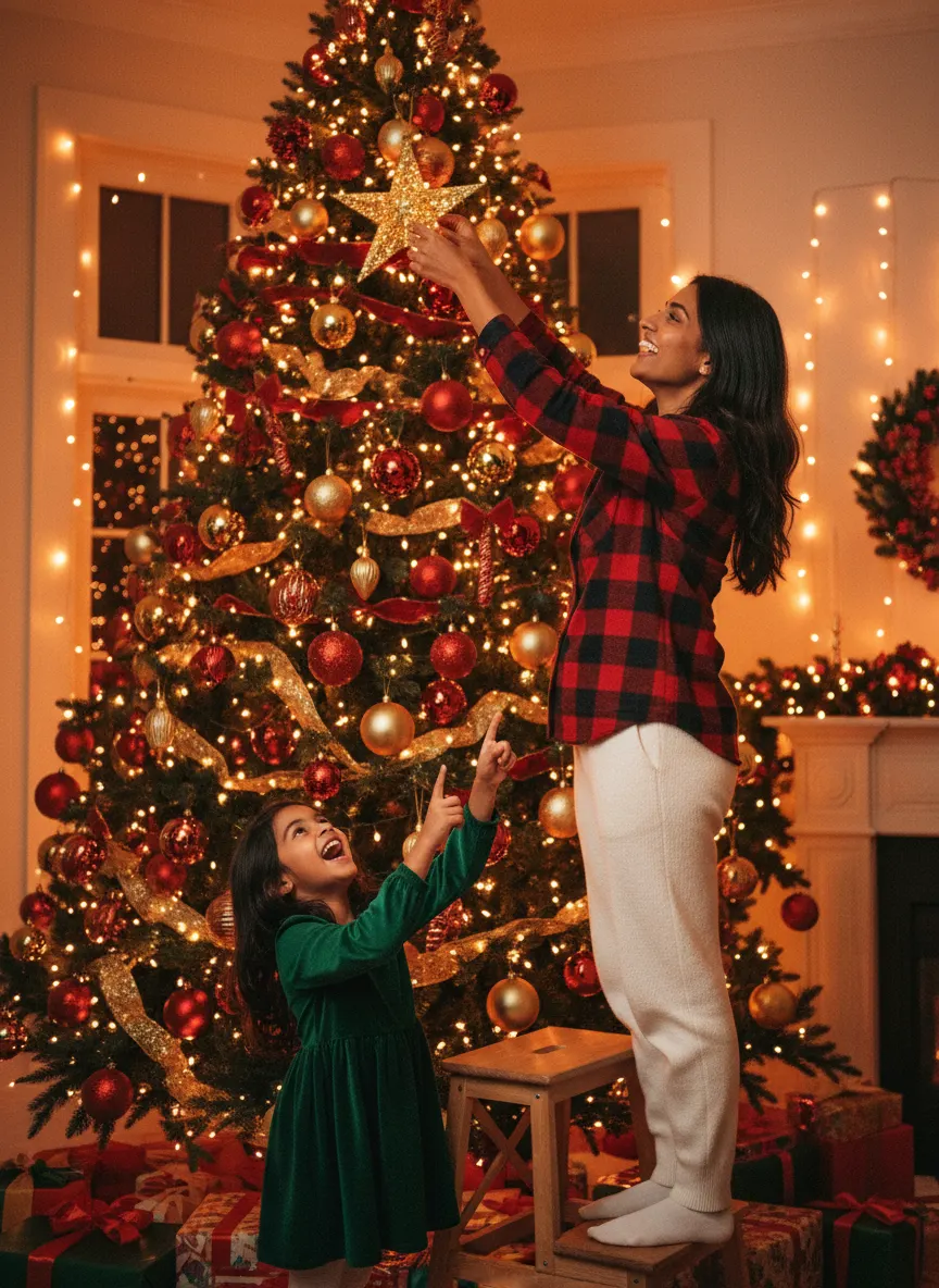 Tree Decorating Moments — AI photo sample made with Gemini