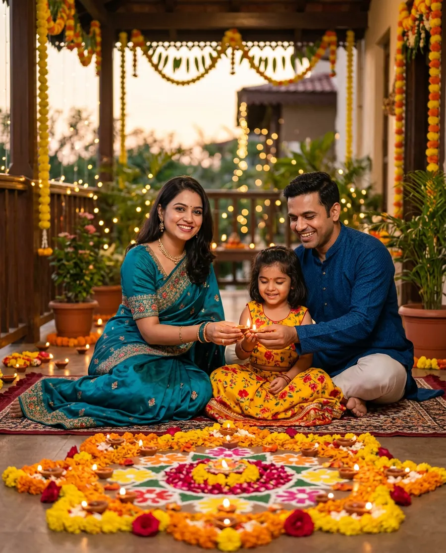 पारंपरिक रंगोली और दीया — AI photo sample made with Gemini