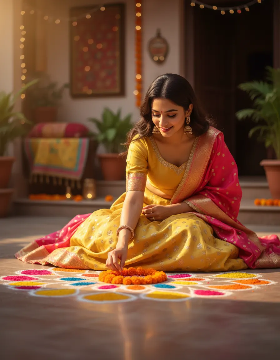 Vibrant Courtyard Rangoli Creation — AI photo sample made with Gemini