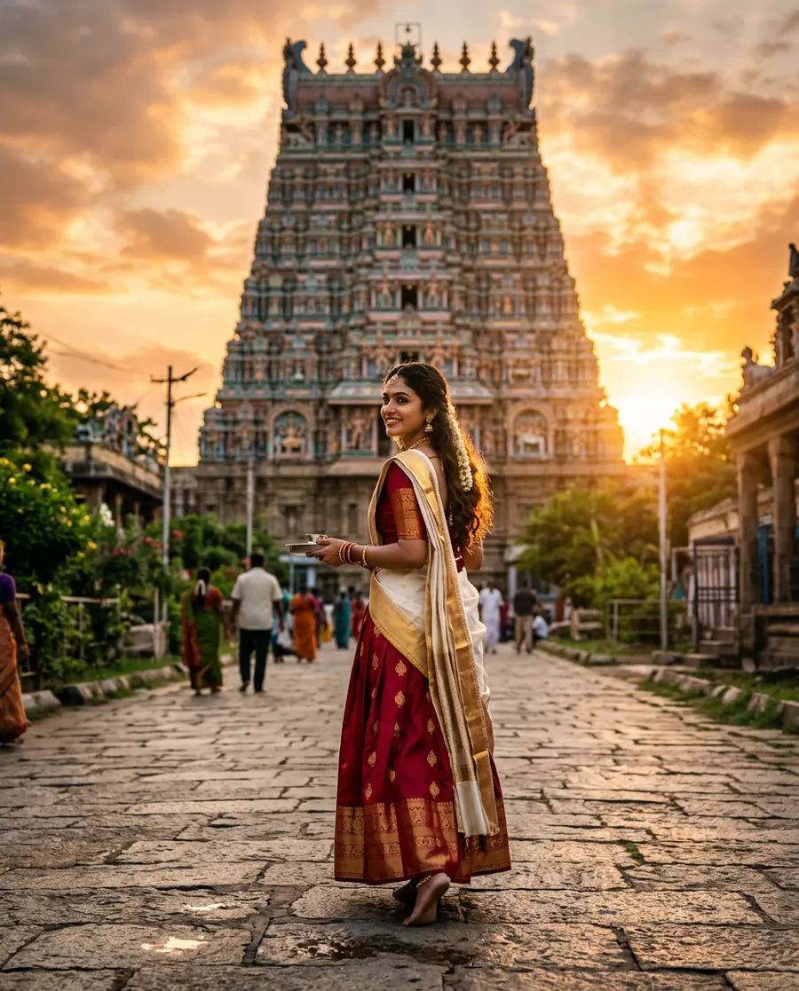 Gopuram Sunset Walk — AI photo sample made with Gemini