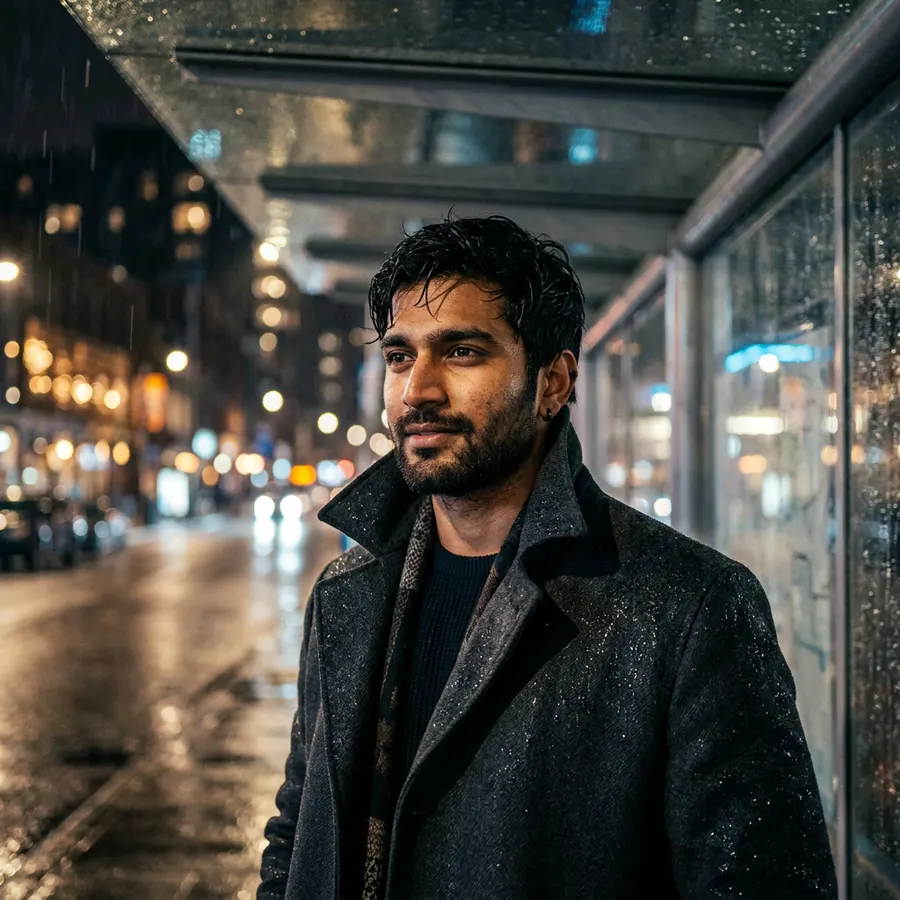 Moody Cinematic Rain Portrait — AI photo sample made with Gemini