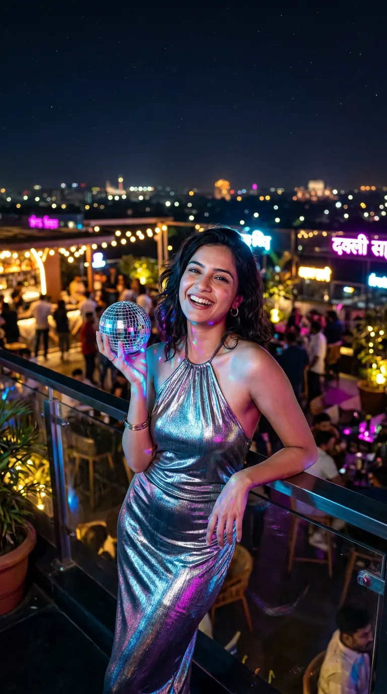सिल्वर स्पार्कल डिस्को वाइब — AI photo sample made with Gemini