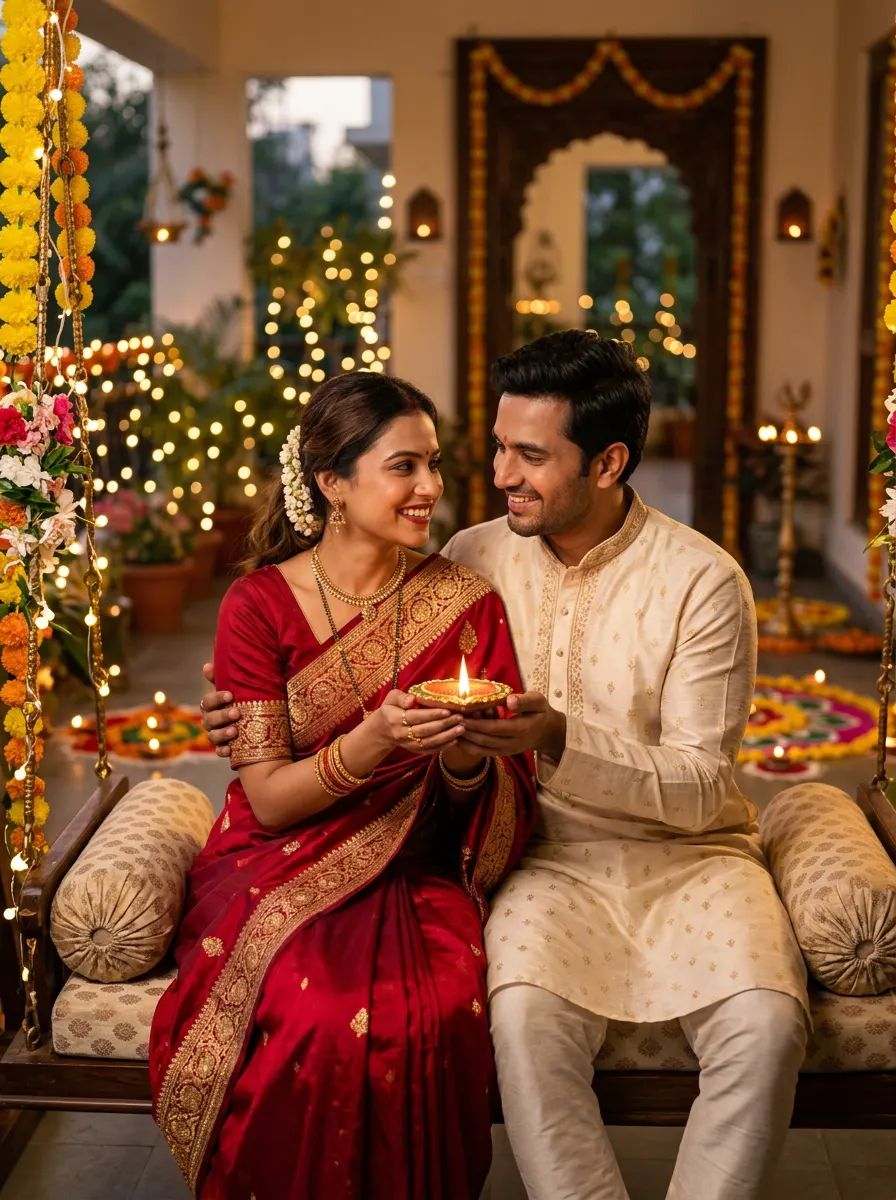 Romantic Balcony Diya Lighting — AI photo sample made with Gemini