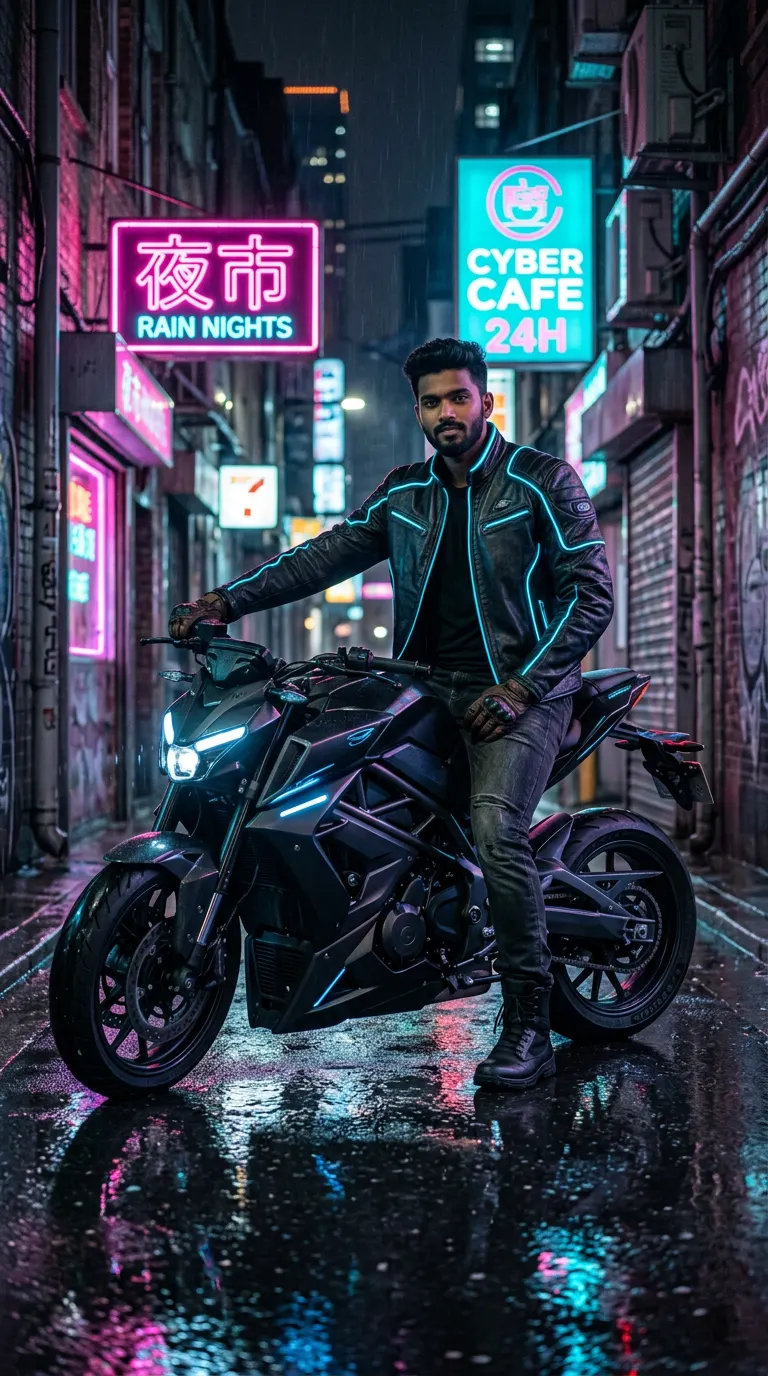 Neon Cyberpunk Rain Rider — AI photo sample made with Gemini