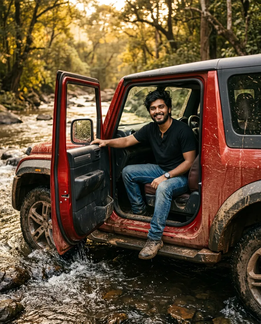Muddy River Crossing Action — AI photo sample made with Gemini