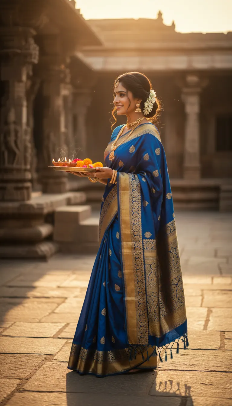 Royal Banarasi Saree in Temple Courtyard — AI photo sample made with Gemini