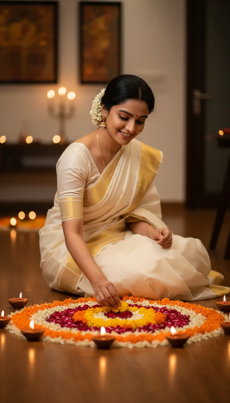 Golden Hour Kerala Kasavu Saree — AI photo sample made with Gemini
