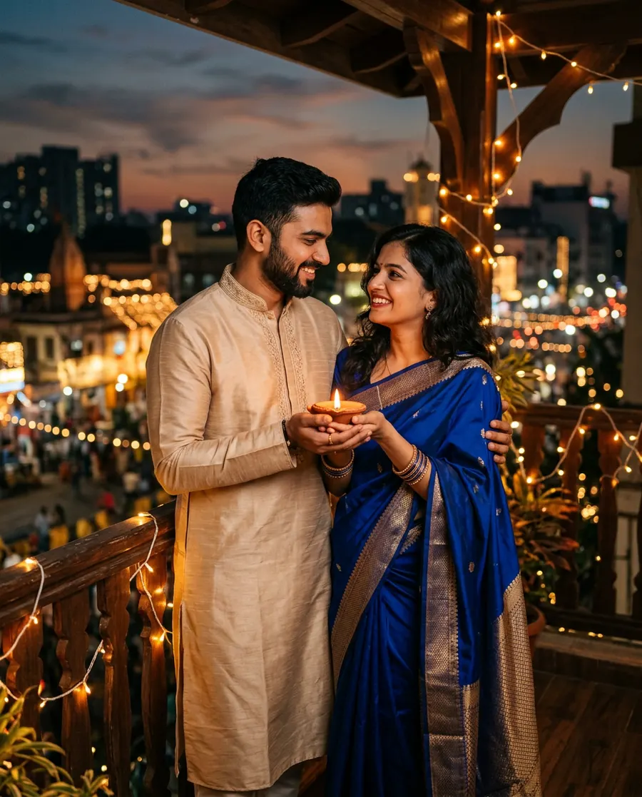 गोल्डन ऑवर बालकनी दीया ग्लो — AI photo sample made with Gemini