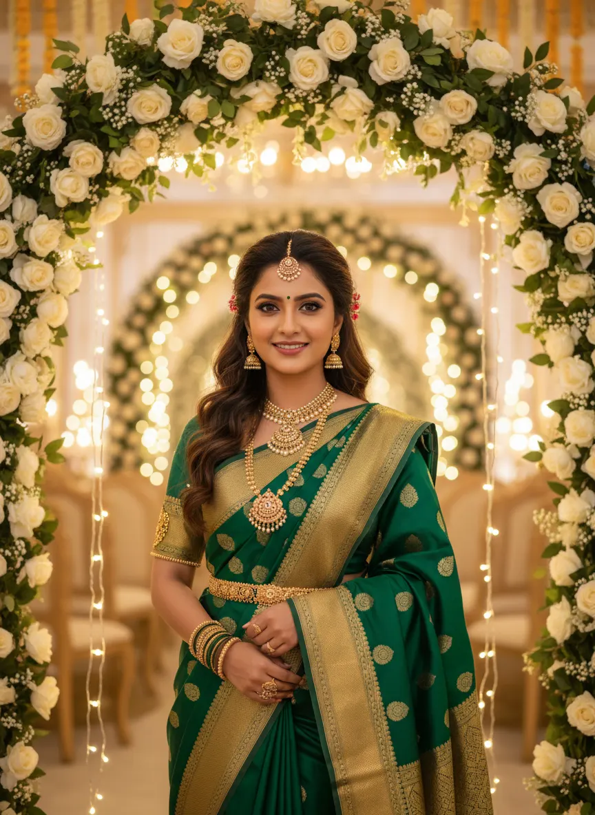 ट्रेडिशनल एमराल्ड बनारसी सिल्क लुक — AI photo sample made with Gemini