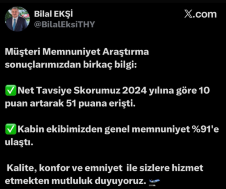 THY'de Yolcu Memnuniyeti Zirvede: NTS 51'e Ulaştı