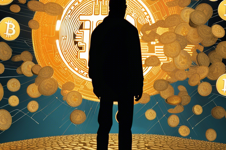 Un Montaje De Monedas De Bitcoin Con Una Silueta De Un Hacker En El Fondo.